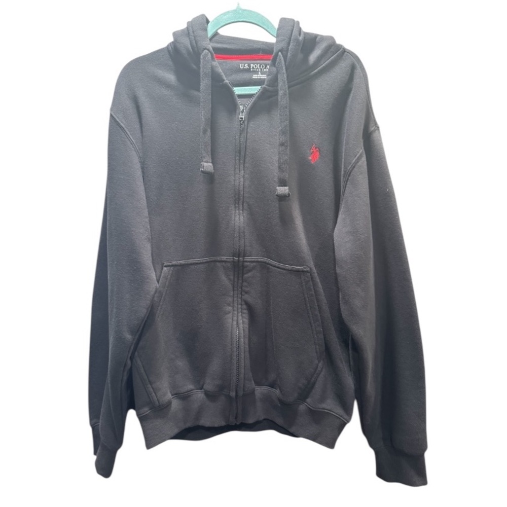 US POLO ASSN Full Zip Long Sleeve Black Hoodie With Kangaroo Pocket Large